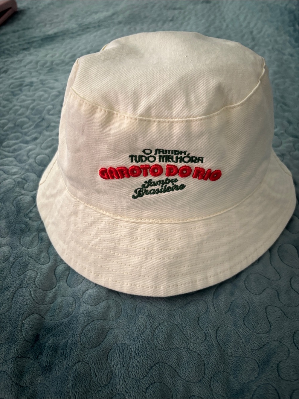 Zara women’s off-white, embossed bucket hat.